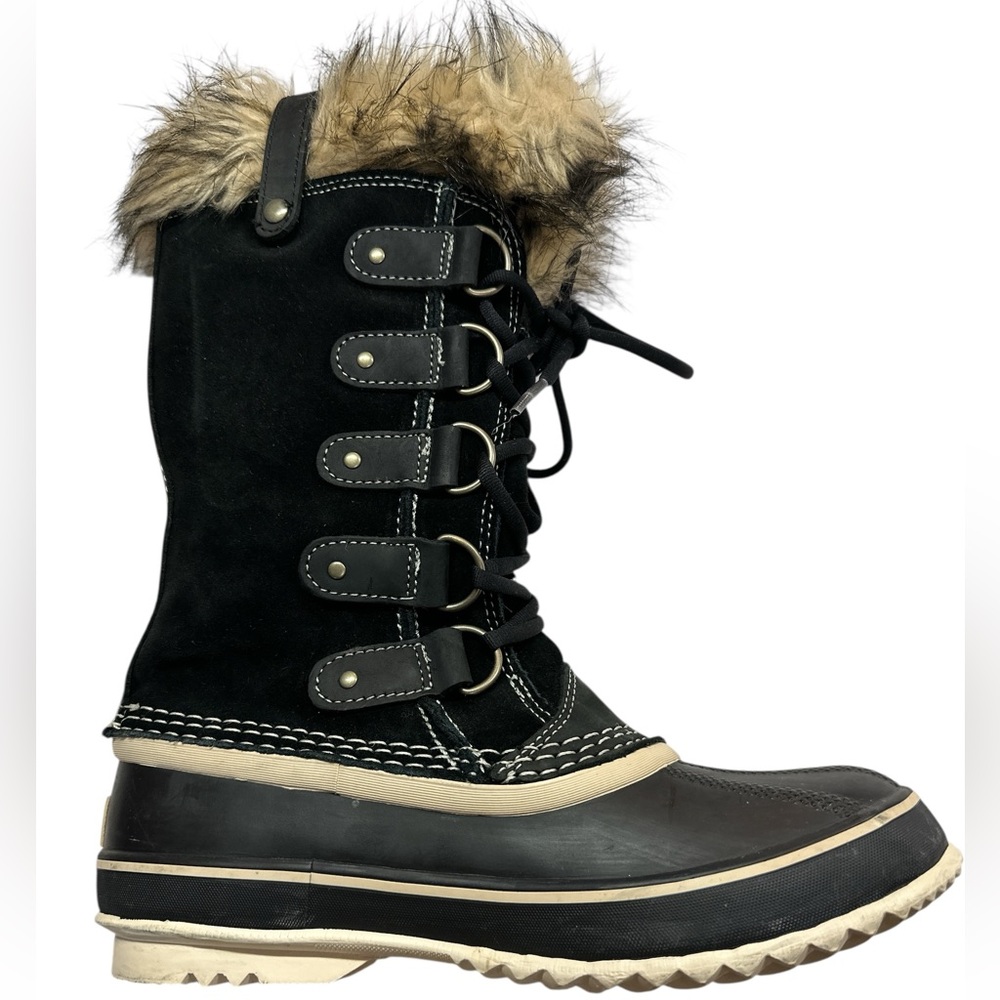 Sorel Women’s Black & Beige Waterproof Faux Fur Winter Lace Up Boot EUC S 7.5